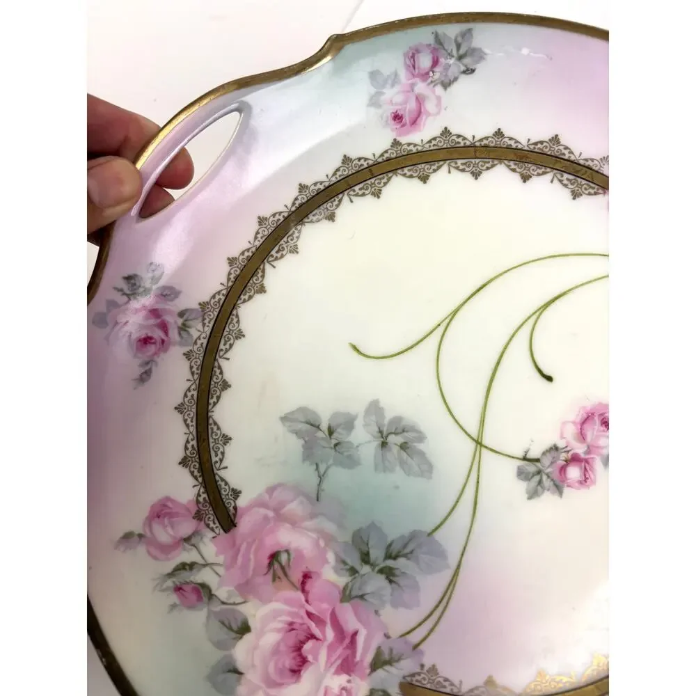 Antique Bavaria Germany Hand-Painted Porcelain Cake Plate Double‎ Handle Roses